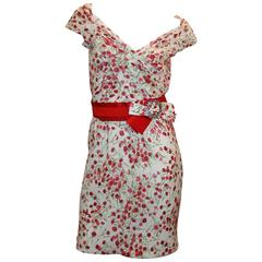Dolce & Gabbana White Dress with Red Flower Print & Belt - 40 8
