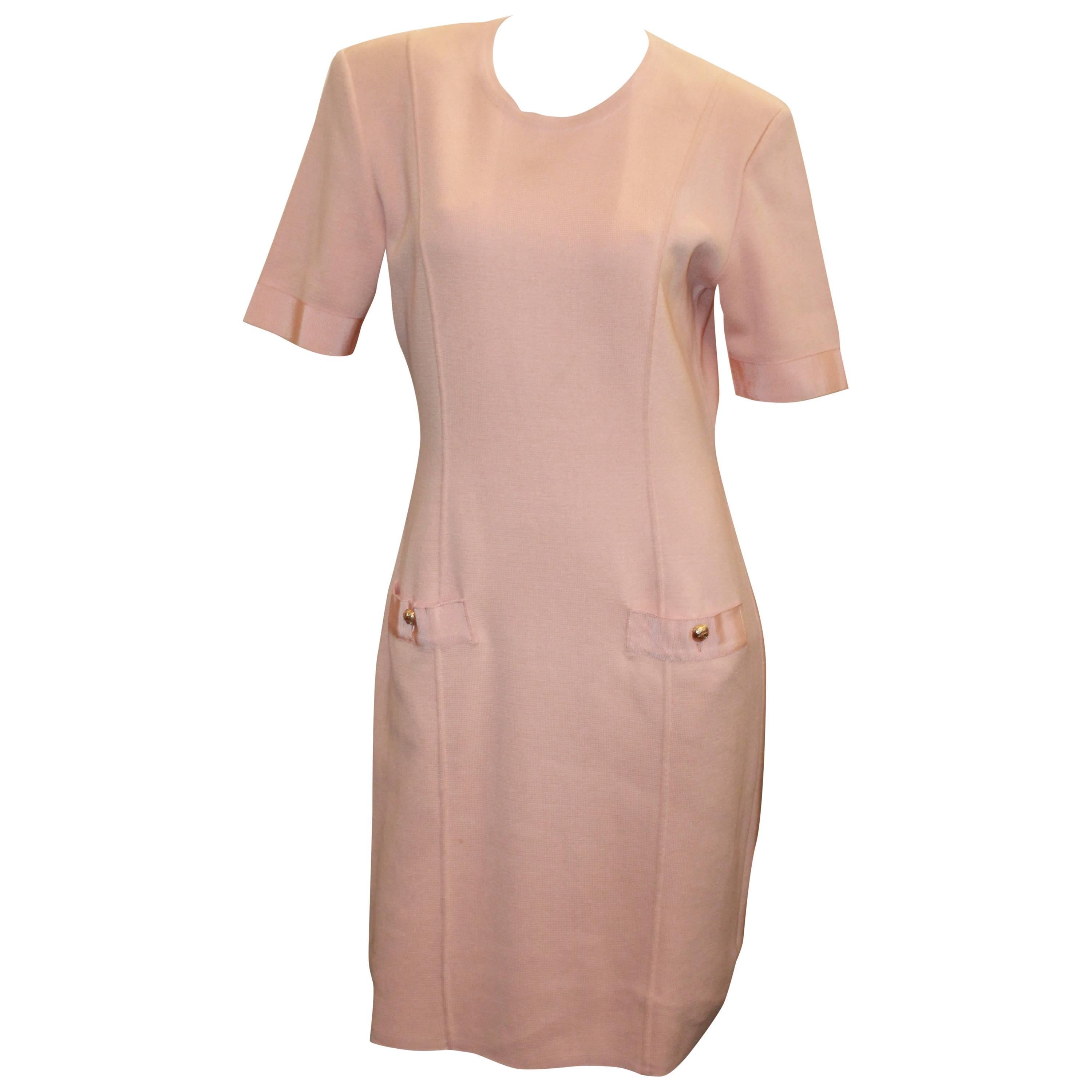 Salvatore Ferragamo Peach Cotton Knit Short Sleeve Shift Dress - Medium