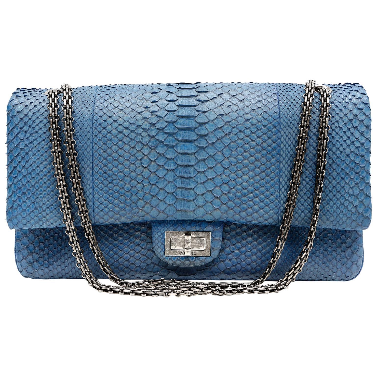 Chanel Blue Grey Python Maxi Shoulder Bag For Sale