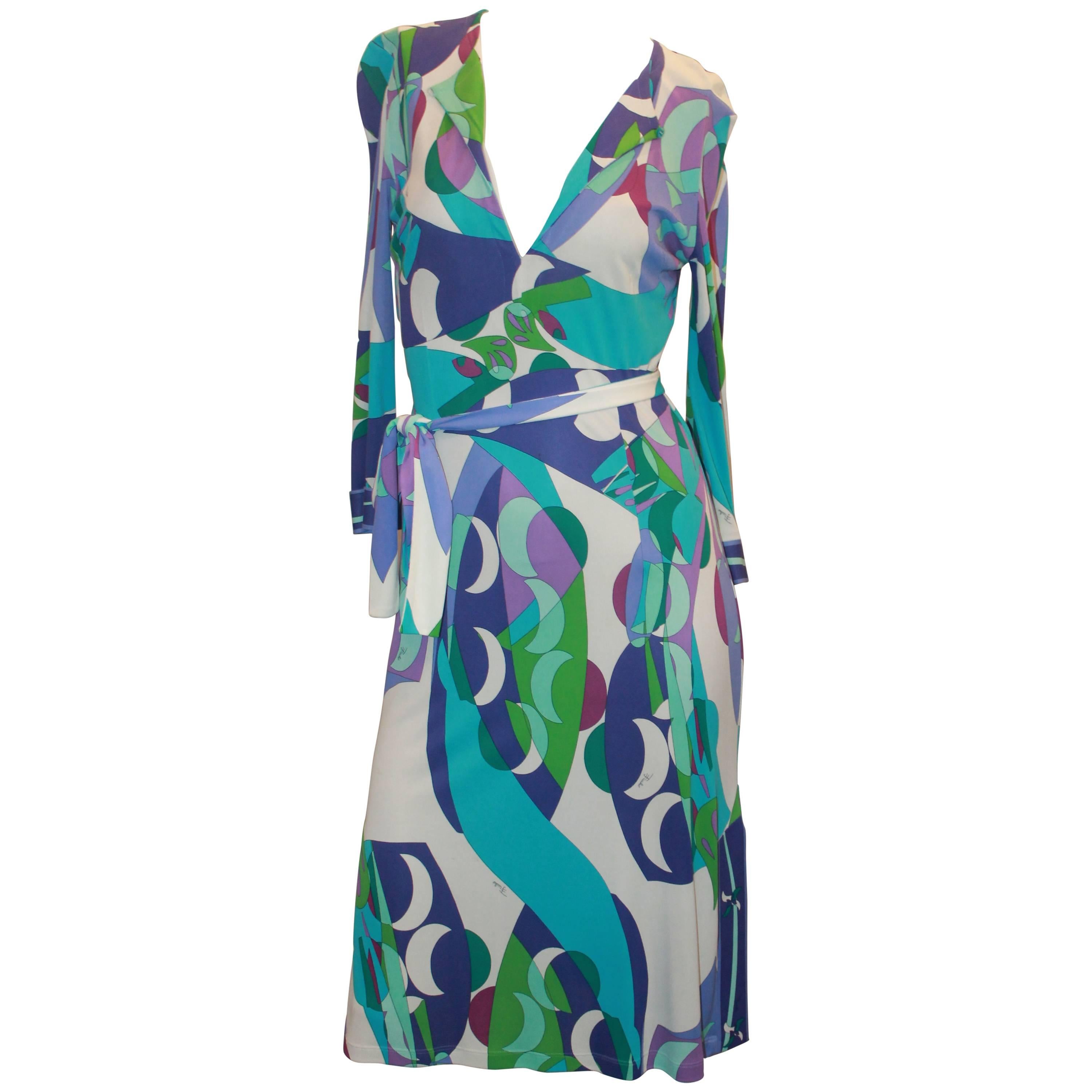 Emilio Pucci Purple, Green, White, & Blue Print Silk Jersey 3/4 Sleeve Dress - 4