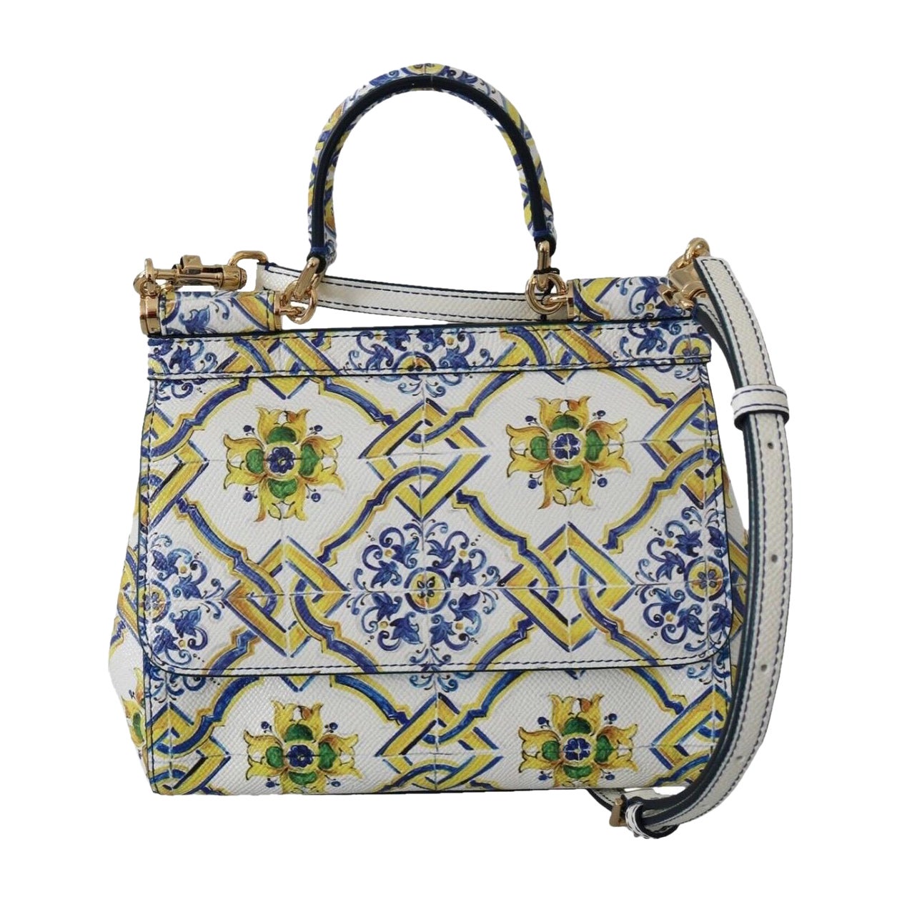 Dolce & Gabbana white majolica printed leather Sicily handbag  For Sale