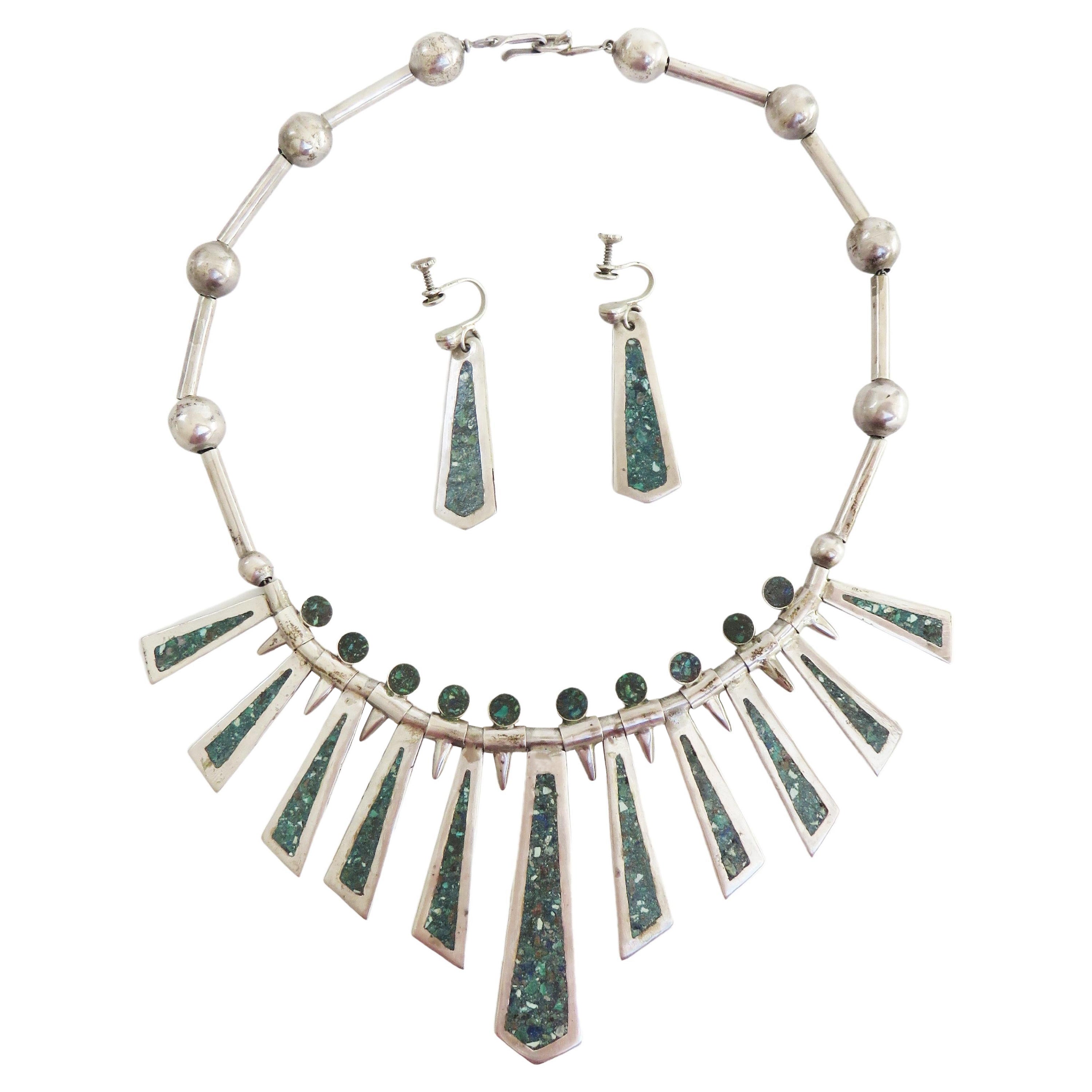 Taxco Mexico Vintage Turquoise Inlaid Silver Necklace and Earrings Stamped Set For Sale