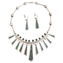 Taxco Mexico Vintage Turquoise Inlaid Silver Necklace and Earrings Stamped Set