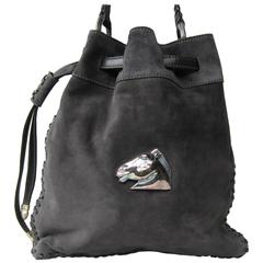 Used Barry Kieselstein Cord Steel Gray Suede Leather Drawstring Handbag
