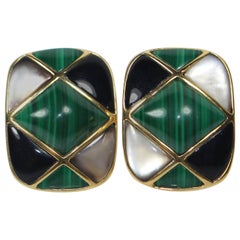 Vintage KAI YIN LO Gold Plated Sterling Silver Malachite with Mother of Pearl and Onyx