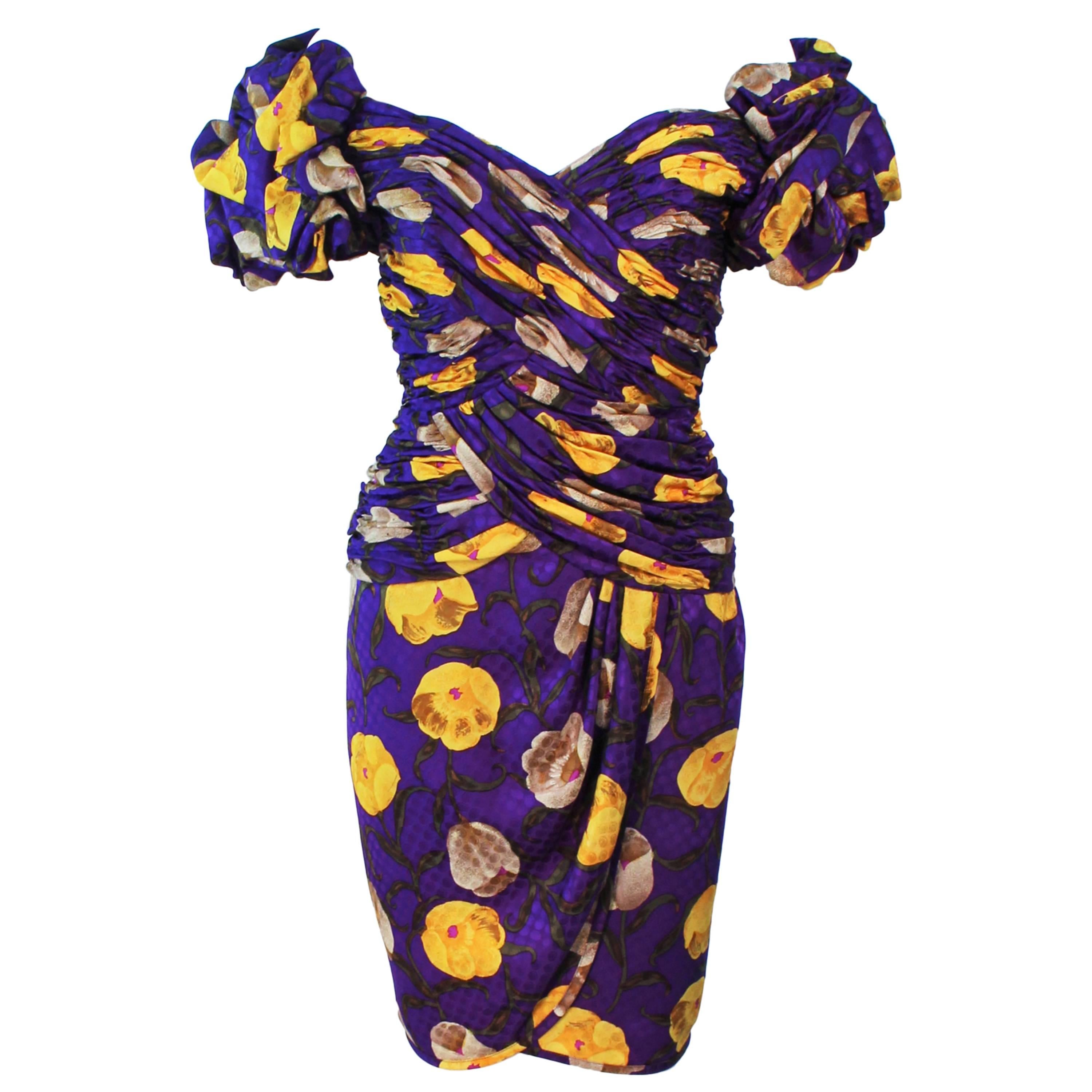 LIAN CARLO Vestido de cóctel de seda morado con mangas de volantes Talla 2-4 en venta
