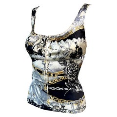 Roberto Cavalli F/W 2003 Silk Chain Logo Print Bustier Top