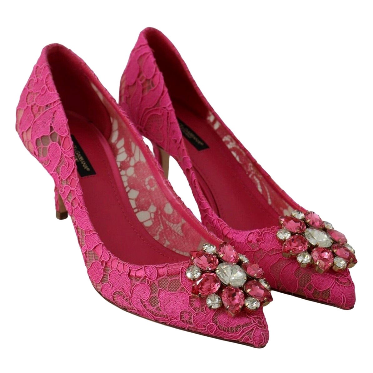 Dolce & Gabbana pink PUMP lace shoes with jewel detail on
the top heels  For Sale