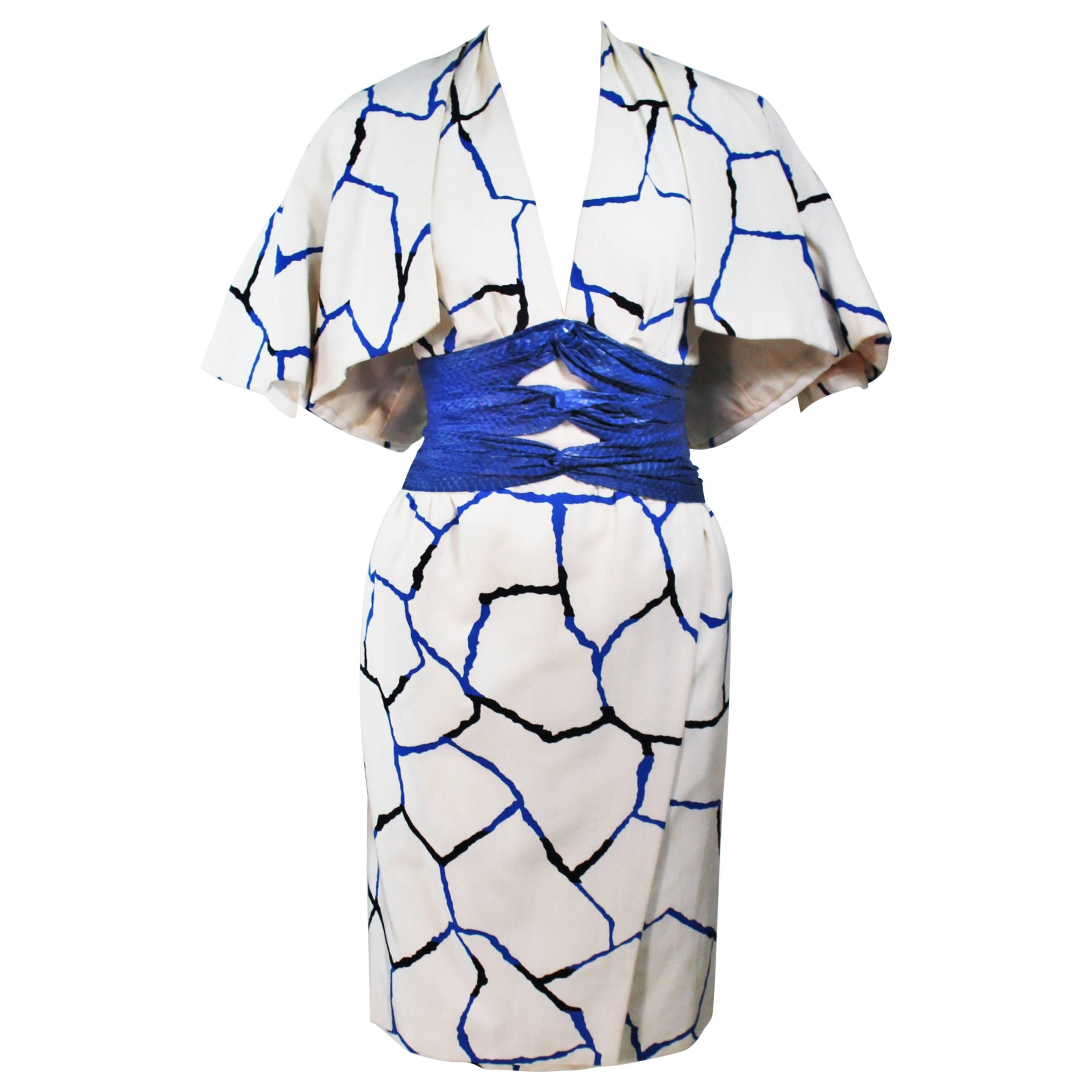JACQUELINE DE RIBES Halter Dress with Cobalt Snakeskin Waist and Bolero Size 4-6 For Sale