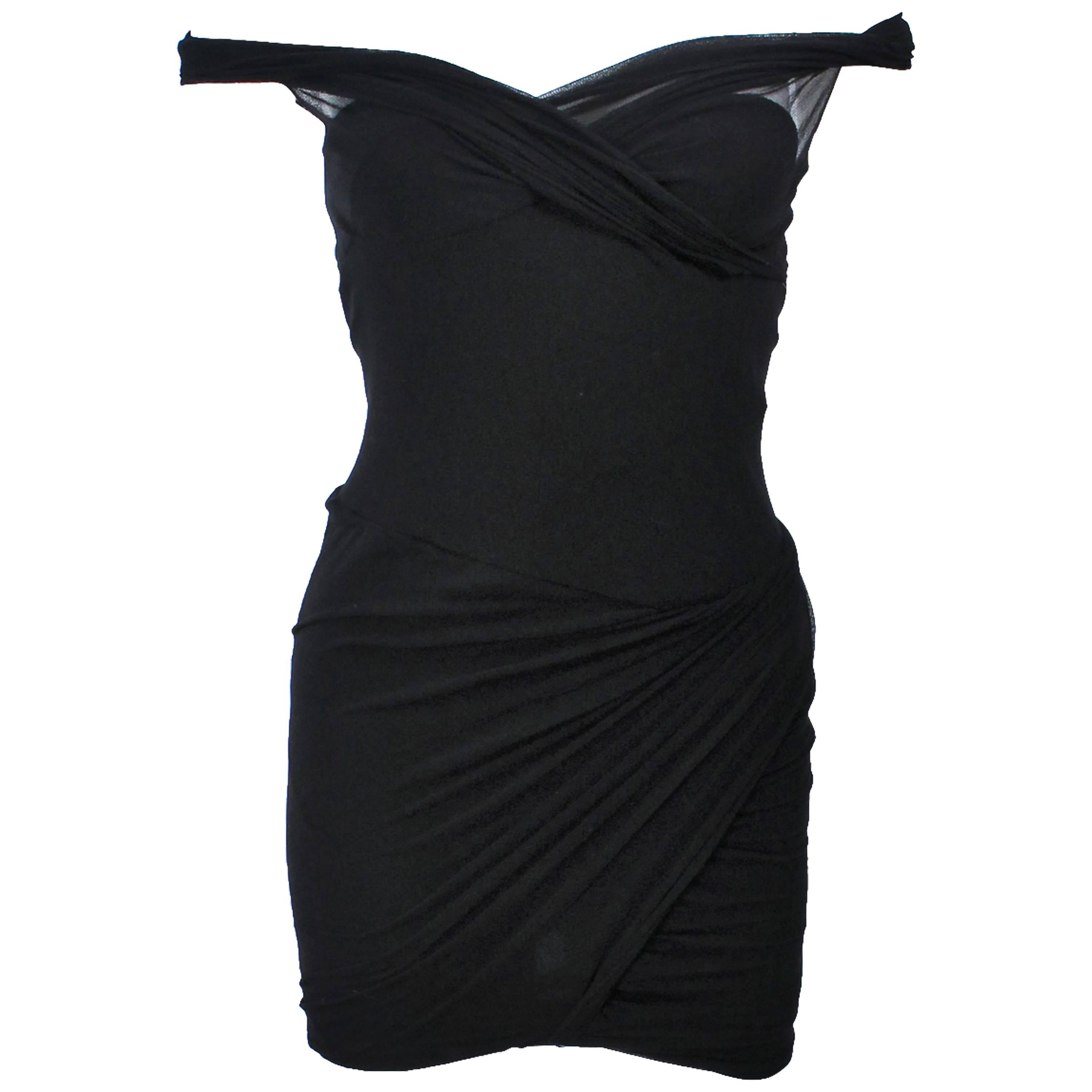 GIORGIO SAINT ANGELO Black Stretch Mesh Off The Shoulder Mini Dress XS