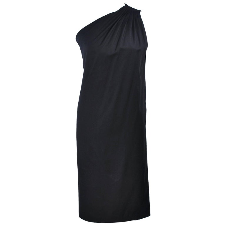 HALSTON Black Stretch Silk One Shoulder Dress Size 38 For Sale at 1stDibs