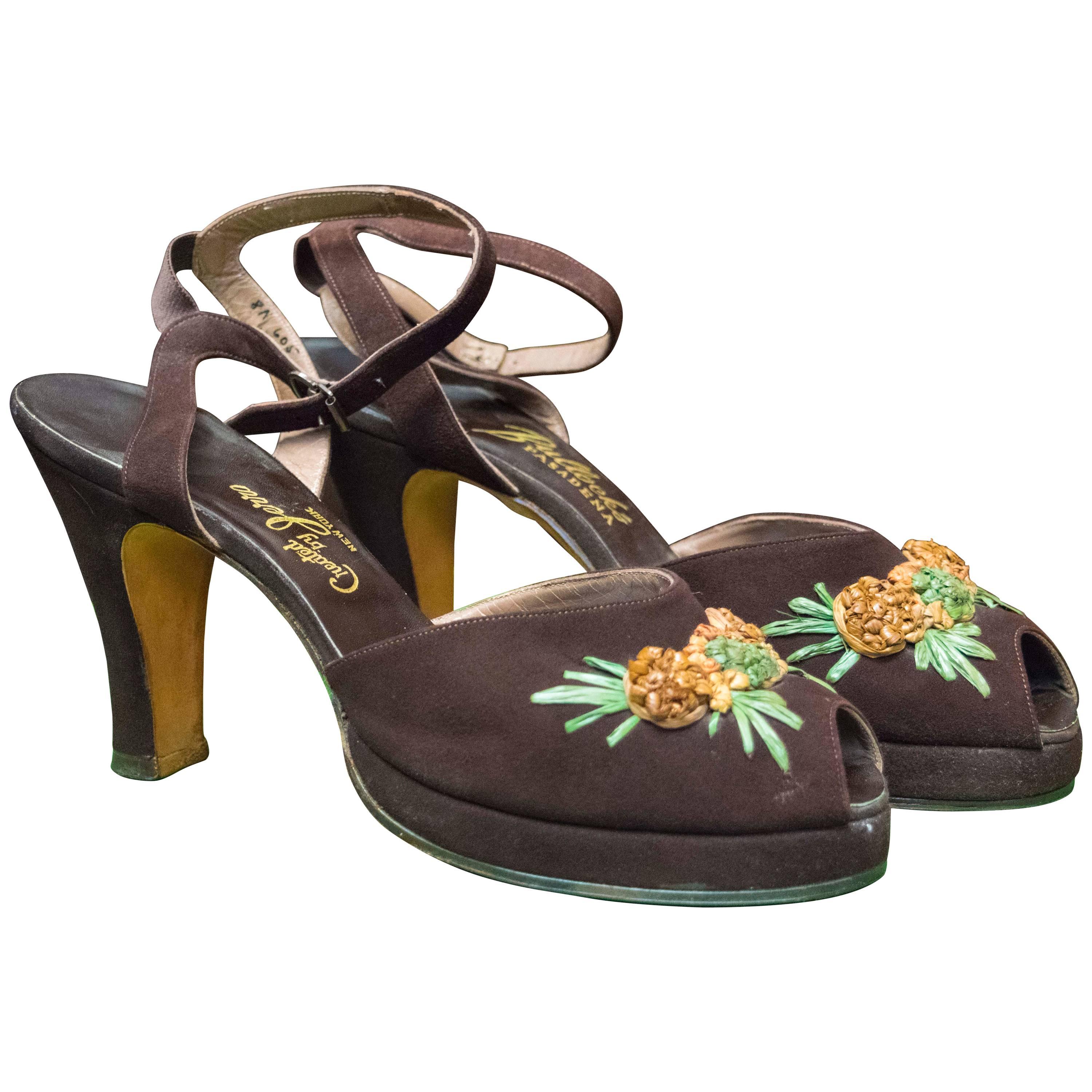 1940s Brown Suede Platform Pineapple Shoes