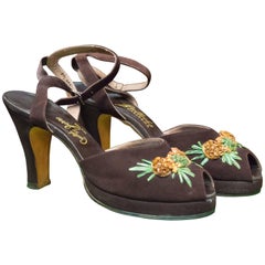 1940s Brown Suede Platform Pineapple Shoes