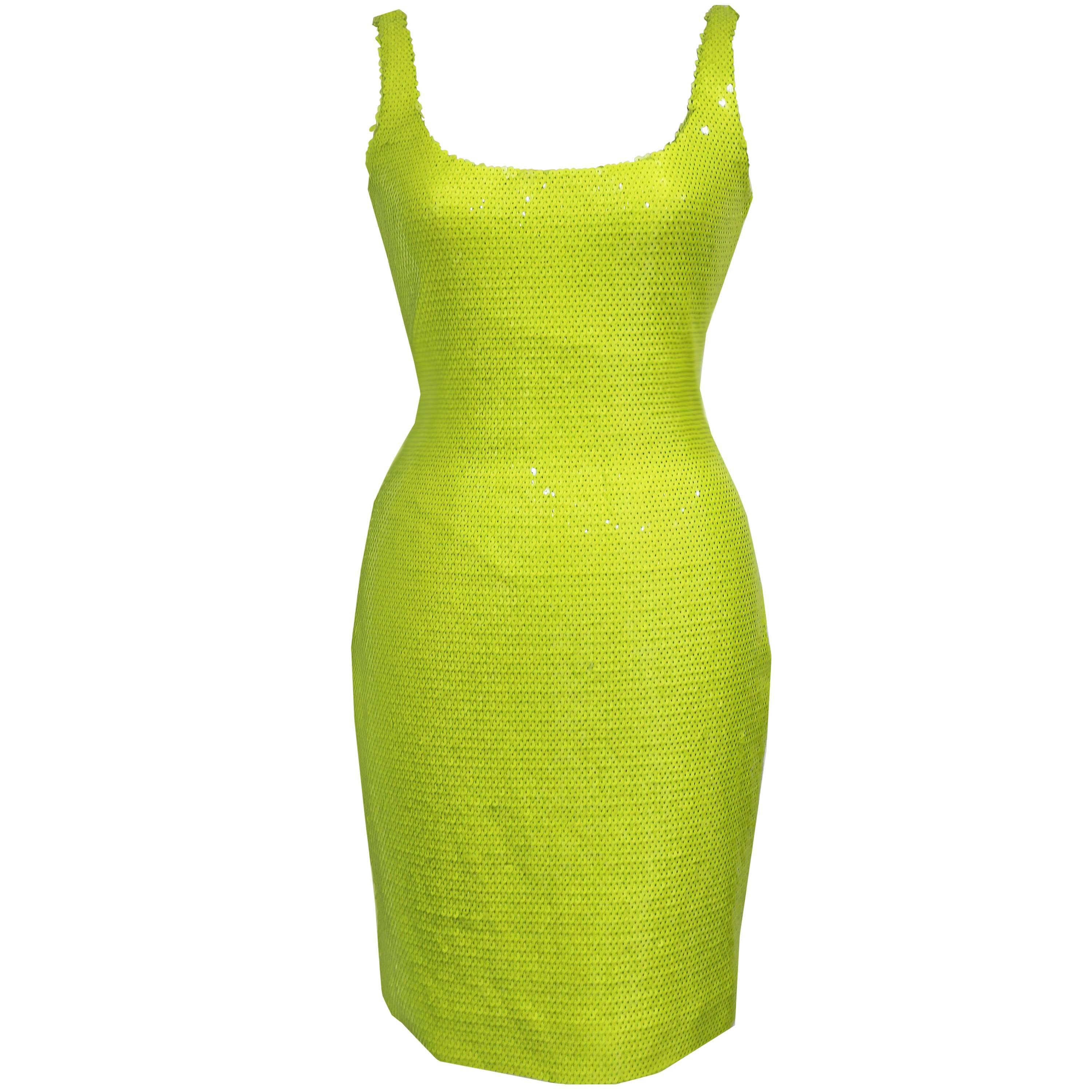 Stephen Sprouse bombshell bodycon sequinned neon yellow evening dress, c. 1980s