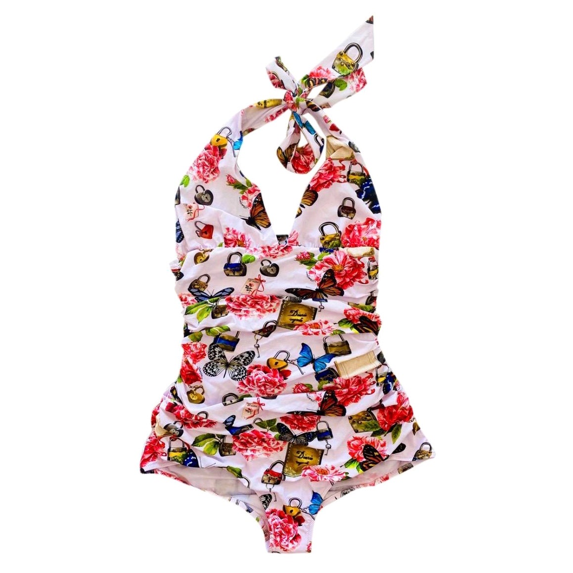 Dolce & Gabbana side-drape one-piece swimsuit romantic floral butterfly print