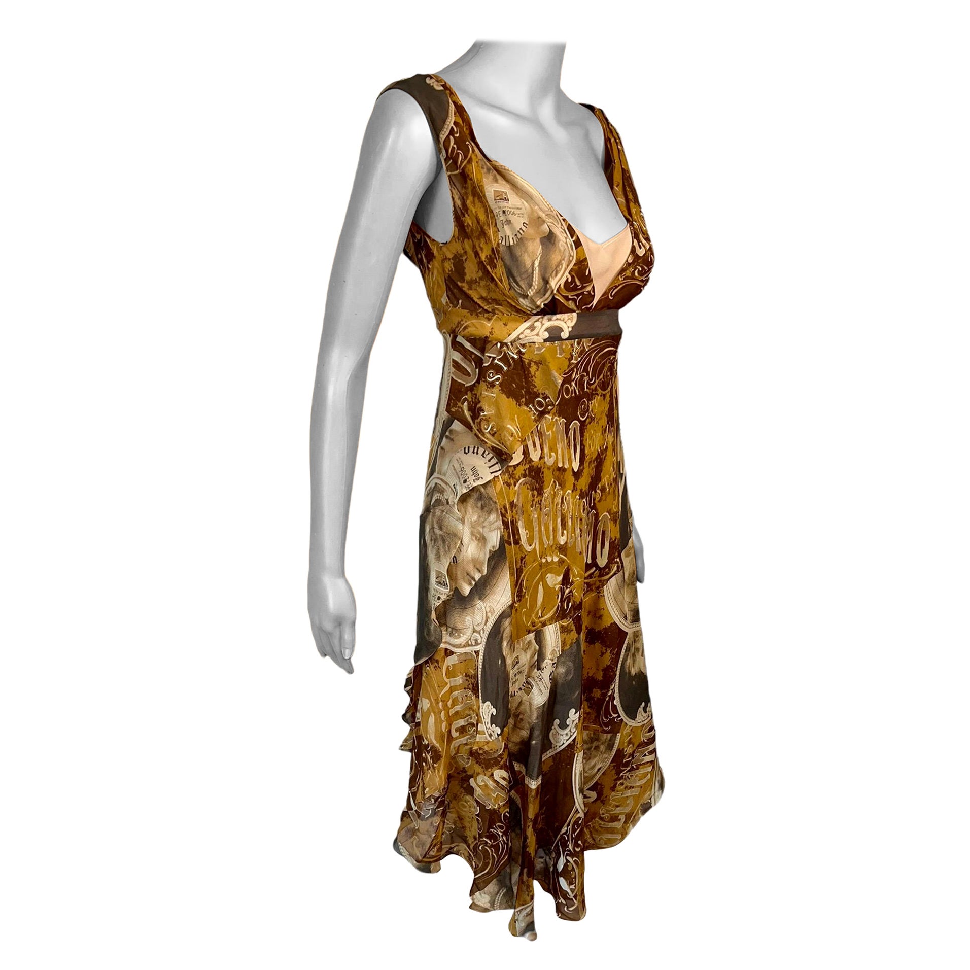 John Galliano S/S 2006 Newspaper Print Plunging Neckline Silk Evening Dress For Sale