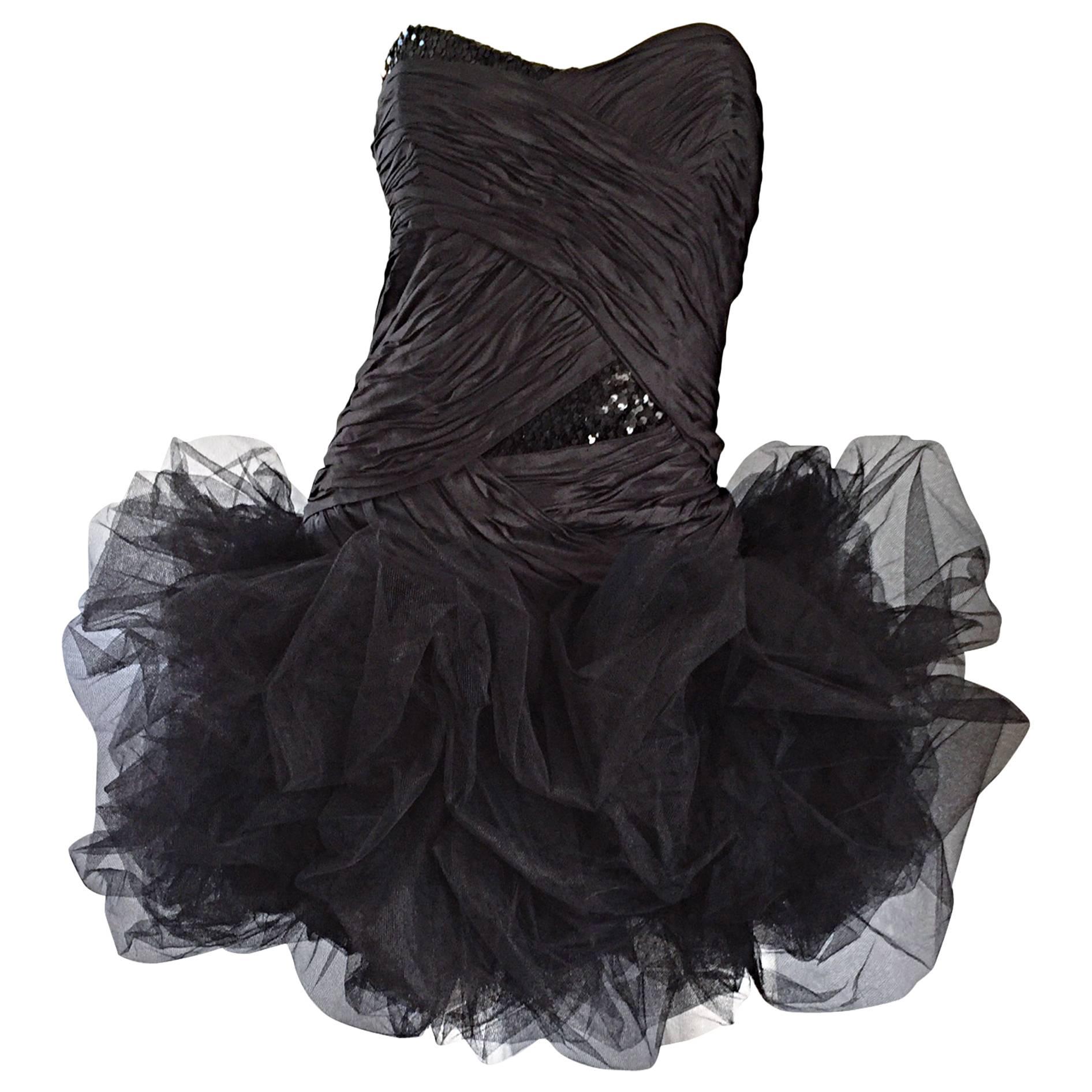 Sensational Vintage 80’s Paul Louis Orrier Paris Black Silk Sequin Pouf Dress For Sale