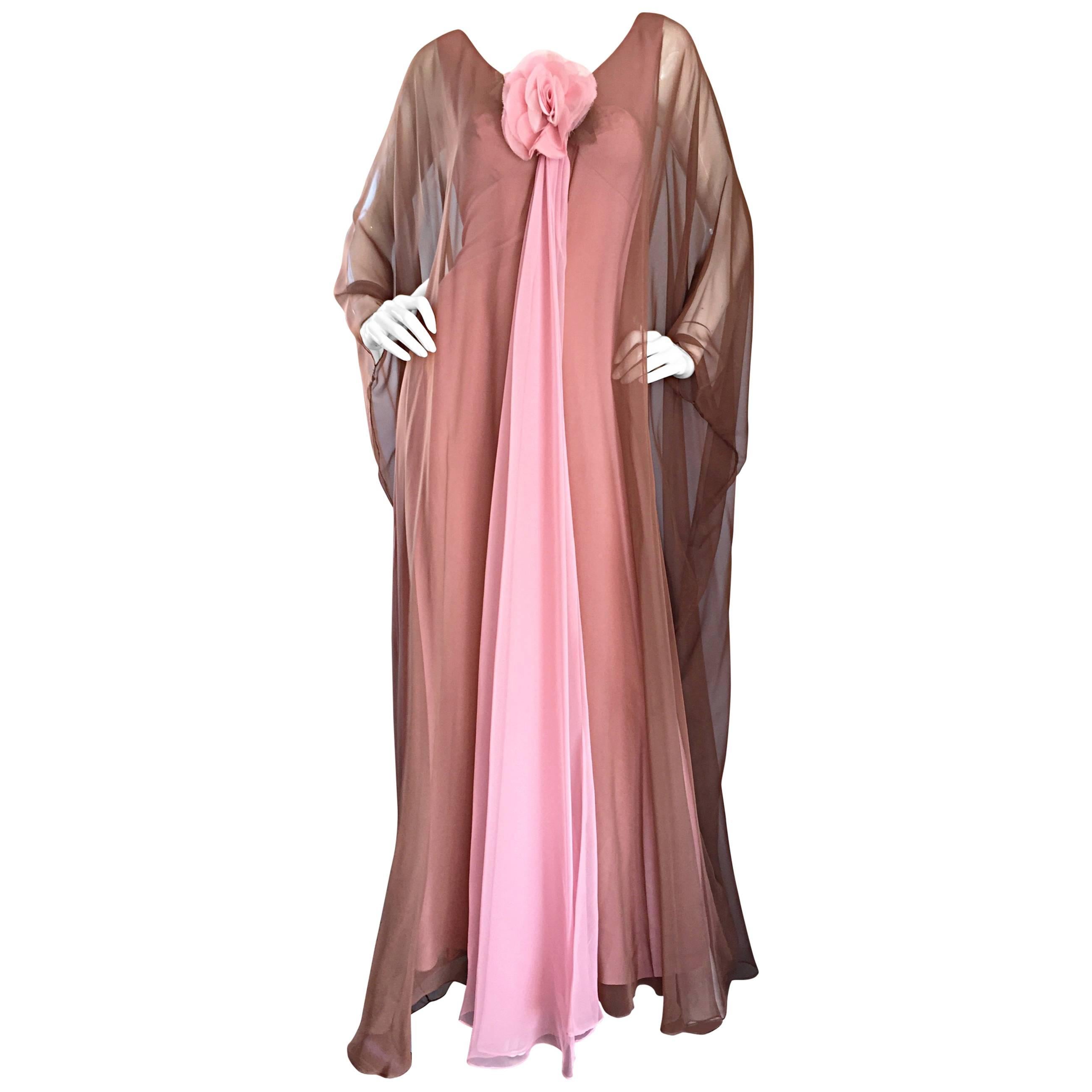1970s Estevez Pink + Nude Brown 70s Vintage Boho Chiffon Caftan Dress w/ Flower