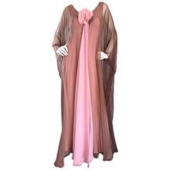 1970s Estevez Pink + Nude Brown 70s Vintage Boho Chiffon Caftan Dress w/ Flower 3