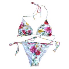 Dolce &amp; Gabbana Weißes mehrfarbiges Bikini-Set mit Pfingstrosendruck 