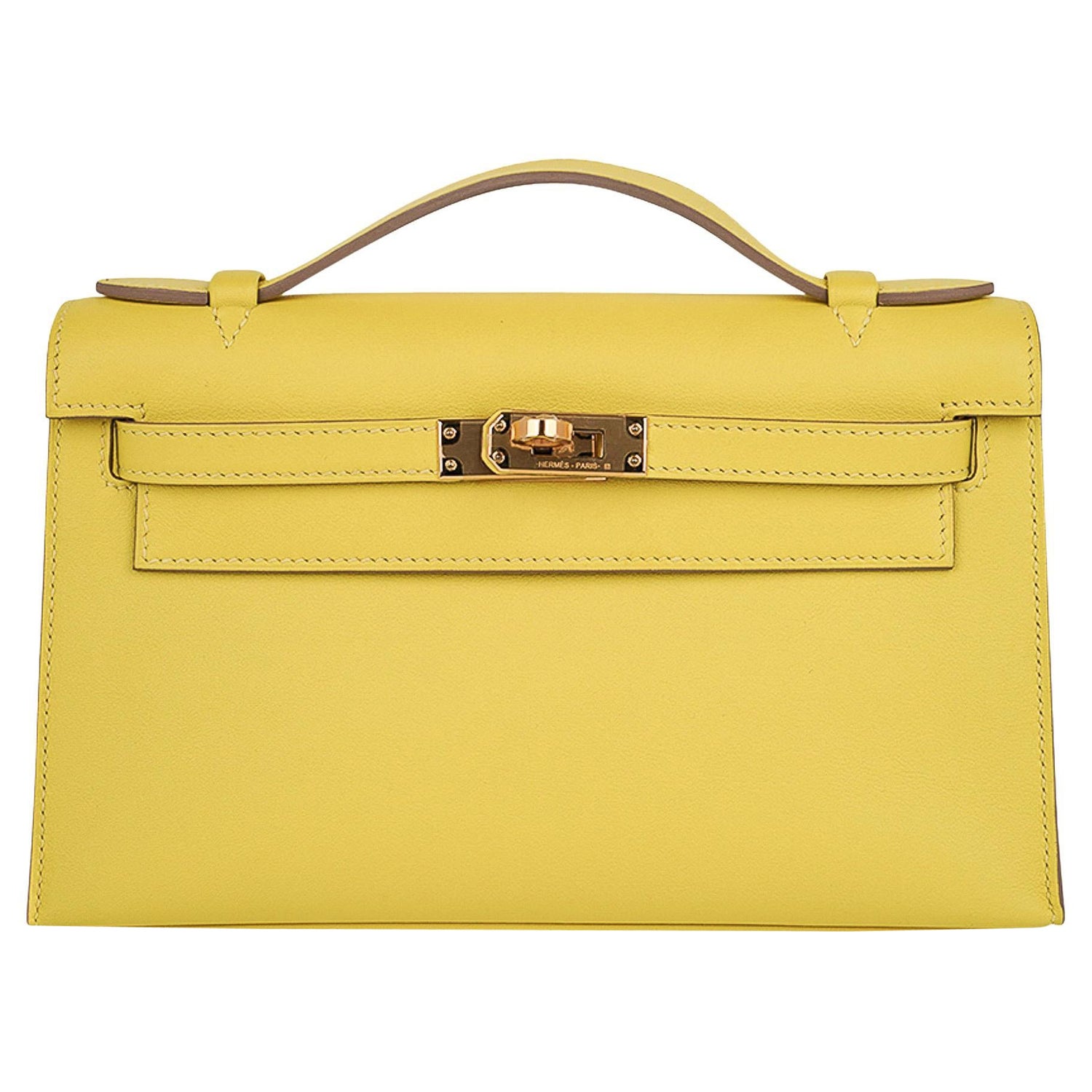 Hermes Kelly Pochette Bag Lime Clutch Gold Hardware Swift Leather For Sale  at 1stDibs