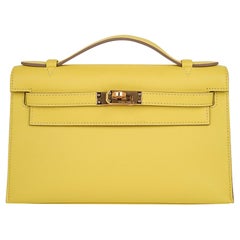 Hermes Kelly Pochette Bag Lime Clutch Gold Hardware Swift Leather