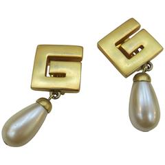 Retro Givenchy Gold Tone Logo and Pearl Earrings