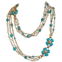 Goossens Paris Turquoise, Pearl, and Rock Crystal Long Clover Necklace