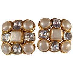 1980s Chanel Pearl and Rhinestone Clip On Earrings