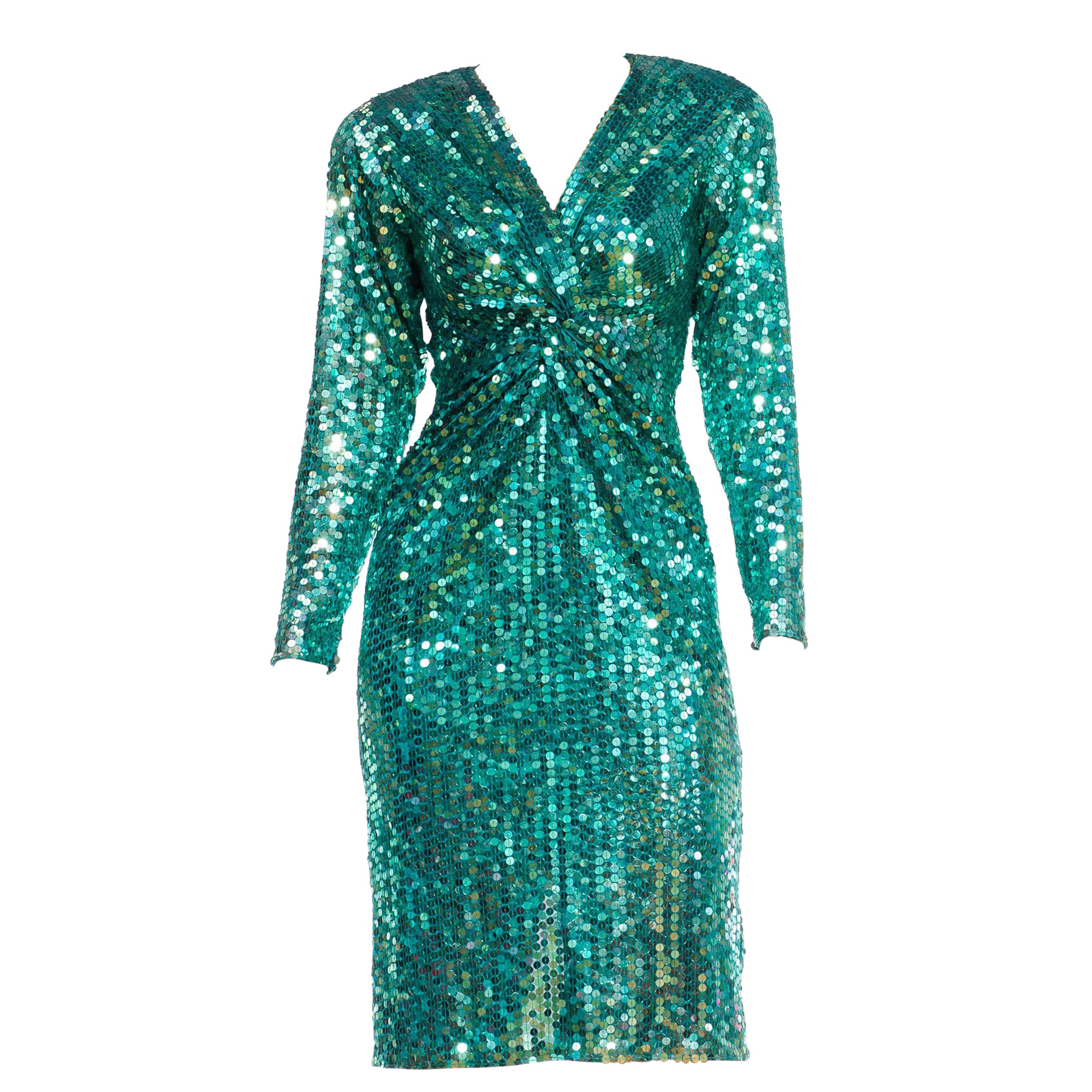 1980S Teal Sequined Poly/Viscose Jersey Low Cut & Long Sleeved Cocktail Dress For Sale