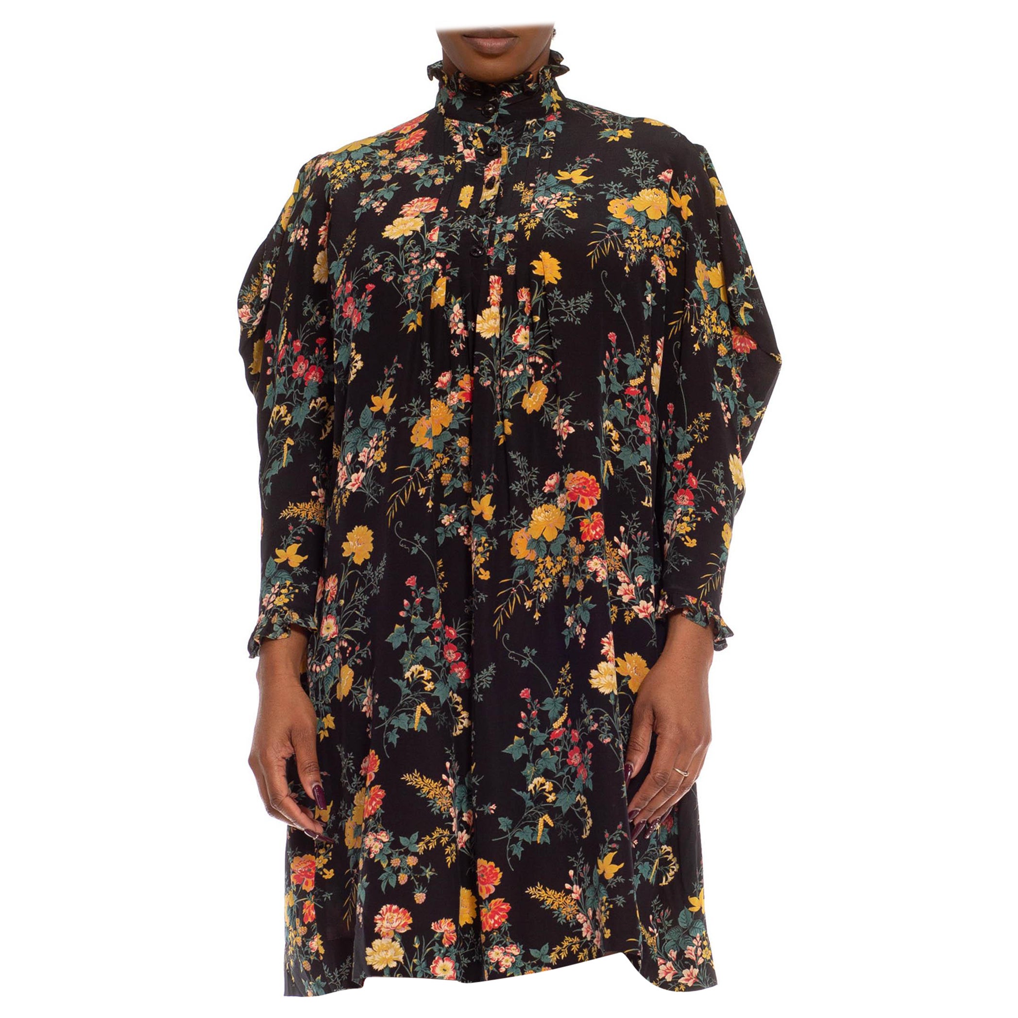 1980S EMANUEL UNGARO Black & Yellow Floral Silk Oversized Boho Dress For Sale