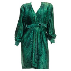 1980S Martha’S Emerald Green Snake Print Silk Satin Long Sleeved Wrap Cocktail 