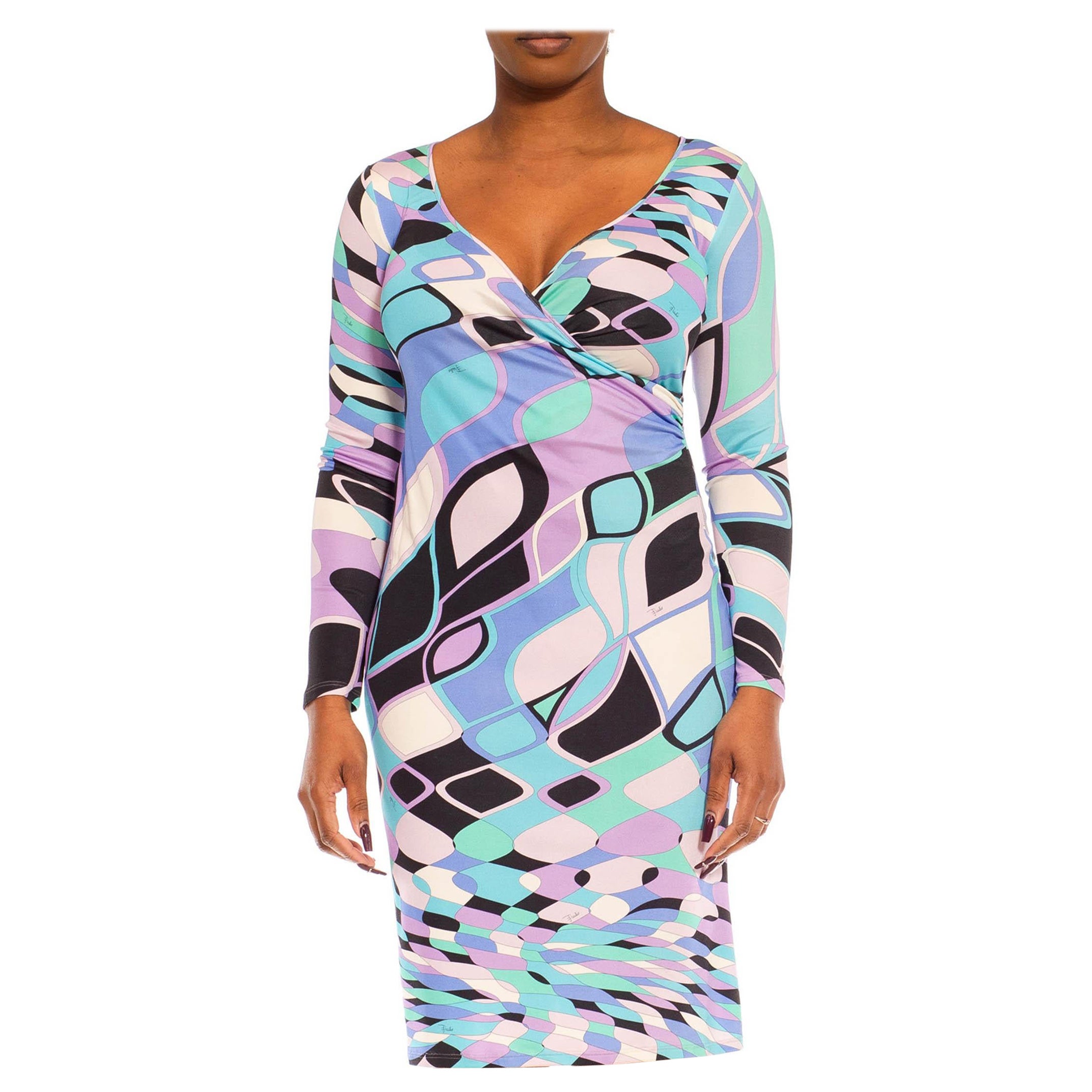 2000S Emilio Pucci Blue & Pink Psychedelic Silk Jersey Long Sleeved Dress For Sale