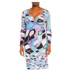 2000S Emilio Pucci Blue & Pink Psychedelic Silk Jersey Long Sleeved Dress