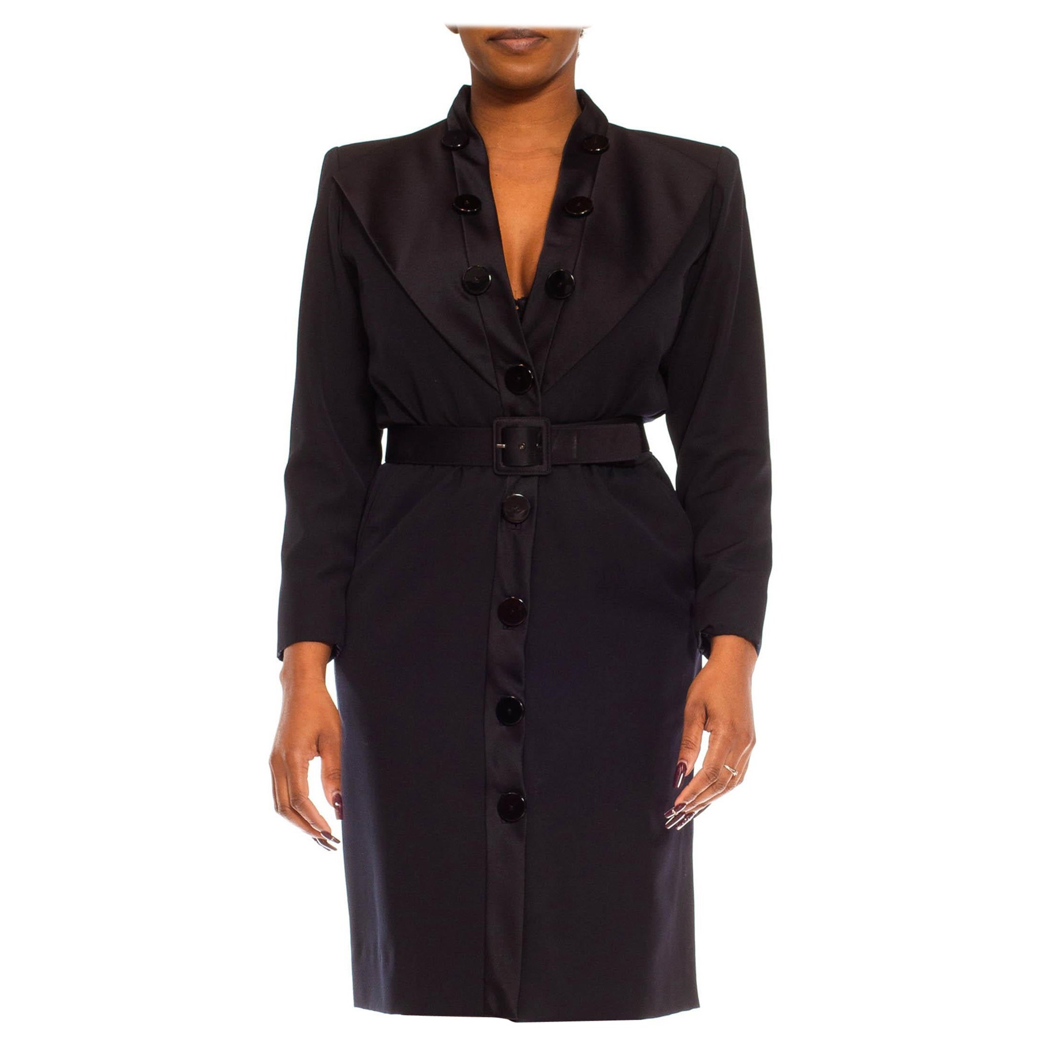 1980S Yves Saint Laurent Black Wool Belted Shirt Dress With Satin Tuxedo Style  For Sale