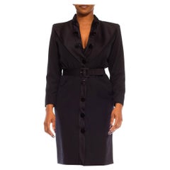 1980S Yves Saint Laurent Black Wool Belted Shirt Dress With Satin Tuxedo Style 