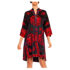 Retro 1950S Black & Red Silk Satin Fully Hand-Embroidered Kimono