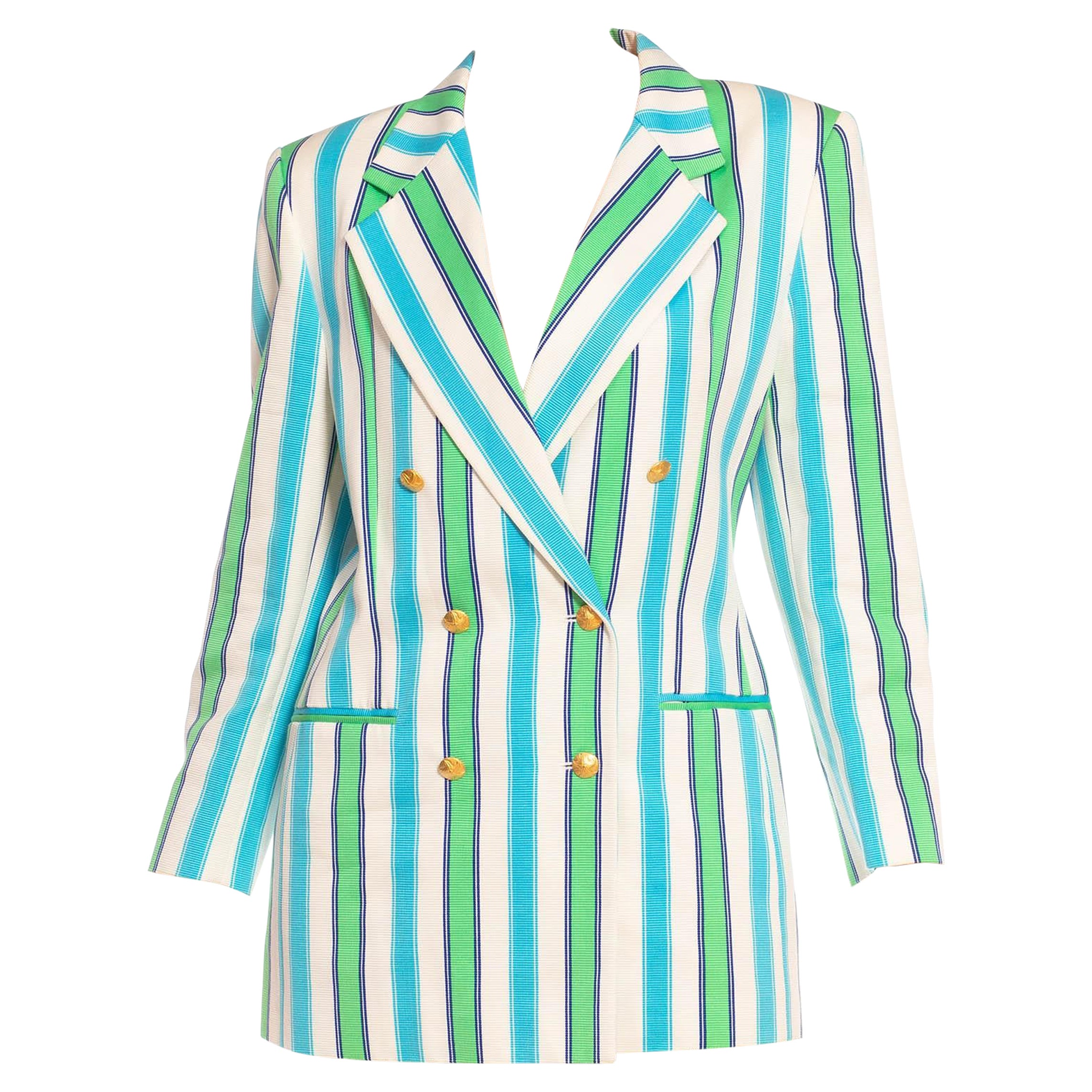 1990S Escada Blue & Green Striped Cotton Blazer With Gold Starfish Buttons For Sale