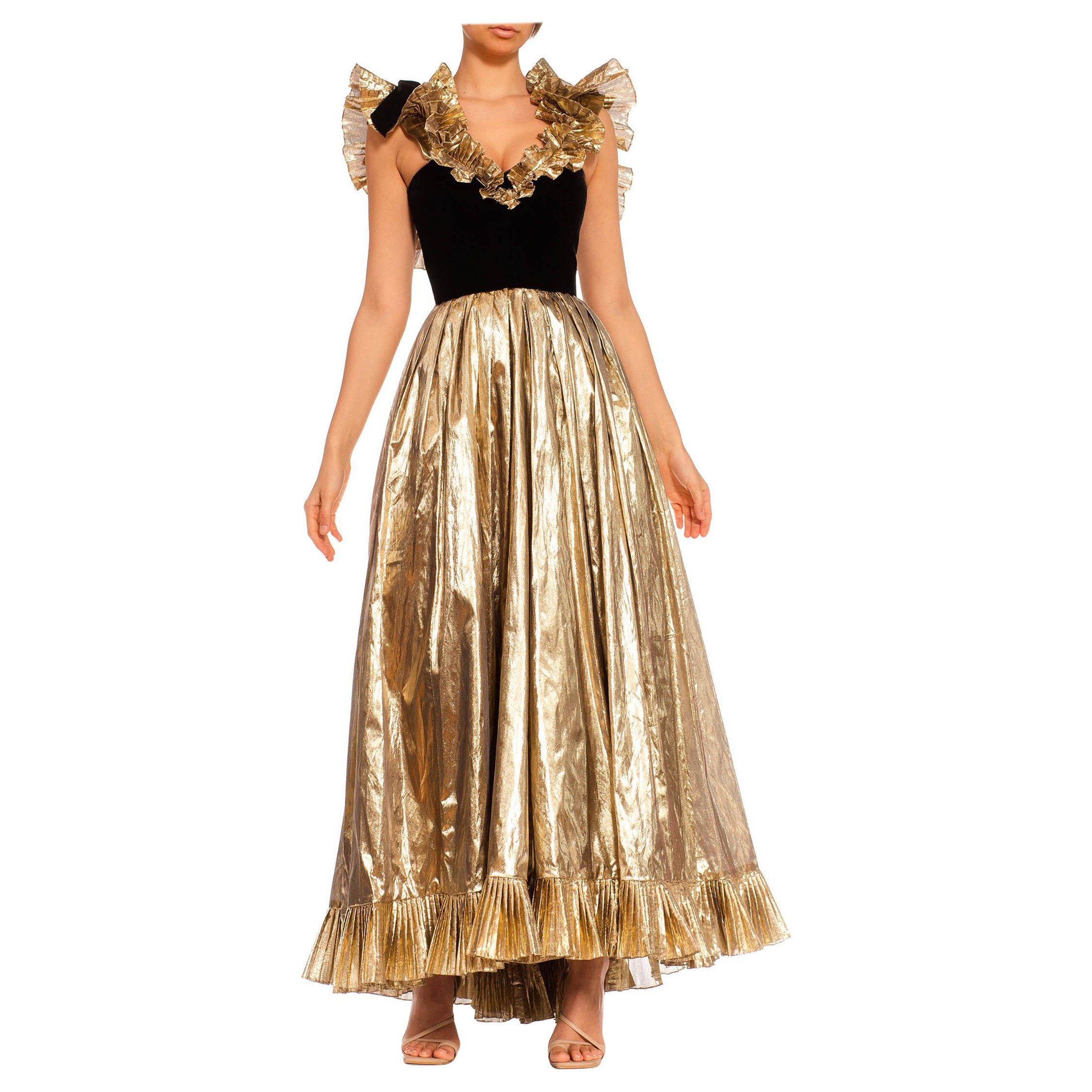 1980S Black Velvet & Gold Lamé Ruffled Ball Gown