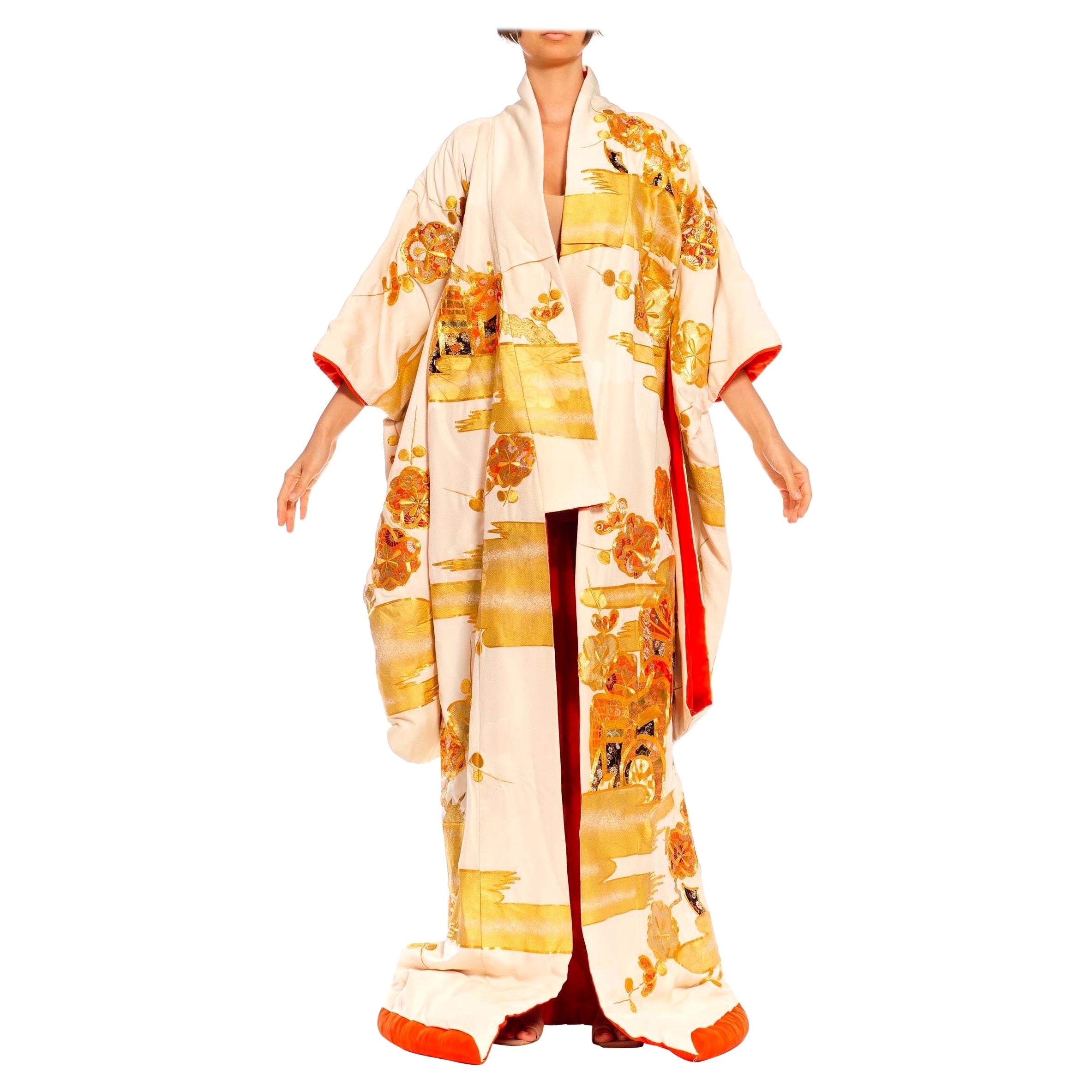 1970S Cream, Gold & Orange Hand Embroidered Silk Japanese Kimono For Sale