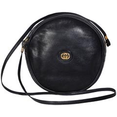 Gucci 70's Vintage Black Leather Canteen Crossbody Bag