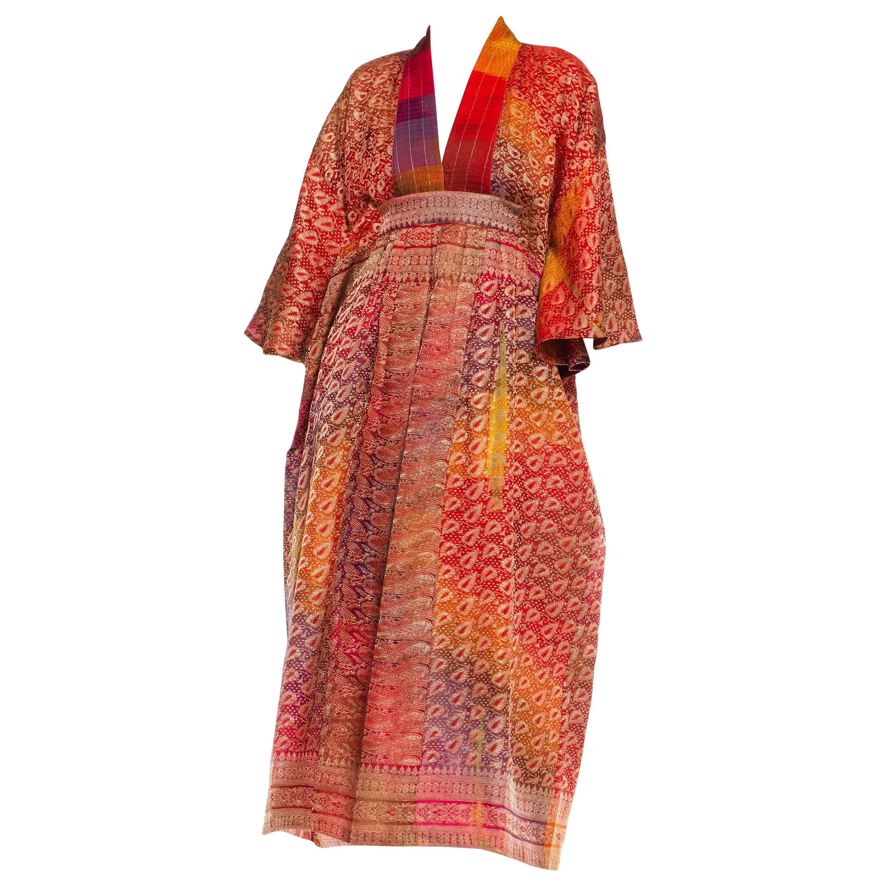 MORPHEW COLLECTION Multicolor Metallic Gold Silk Kaftan With Leaf Print Made Fr For Sale