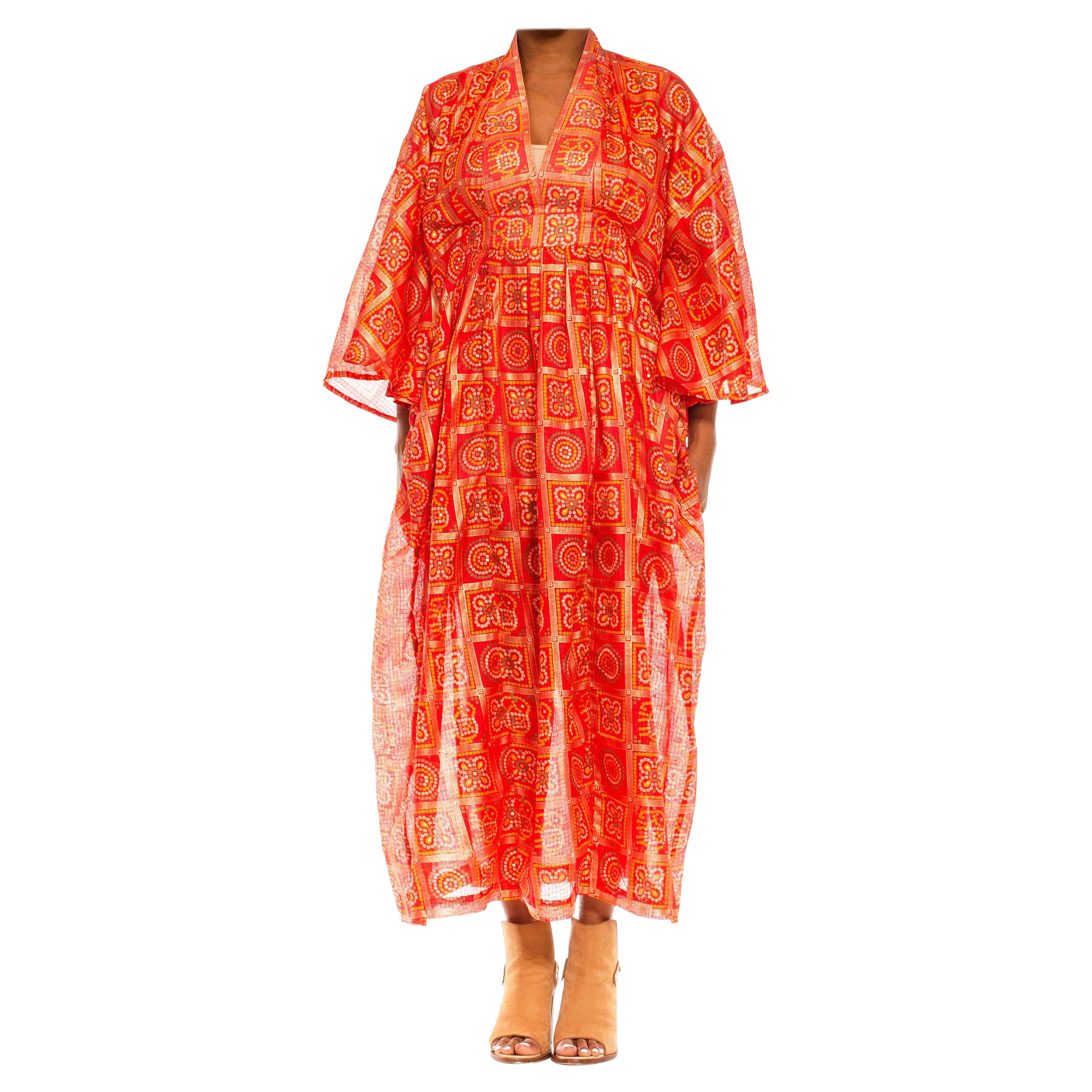 Morphew Collection Red & Gold Polyester Geometric Kaftan Made From Vintage Saris