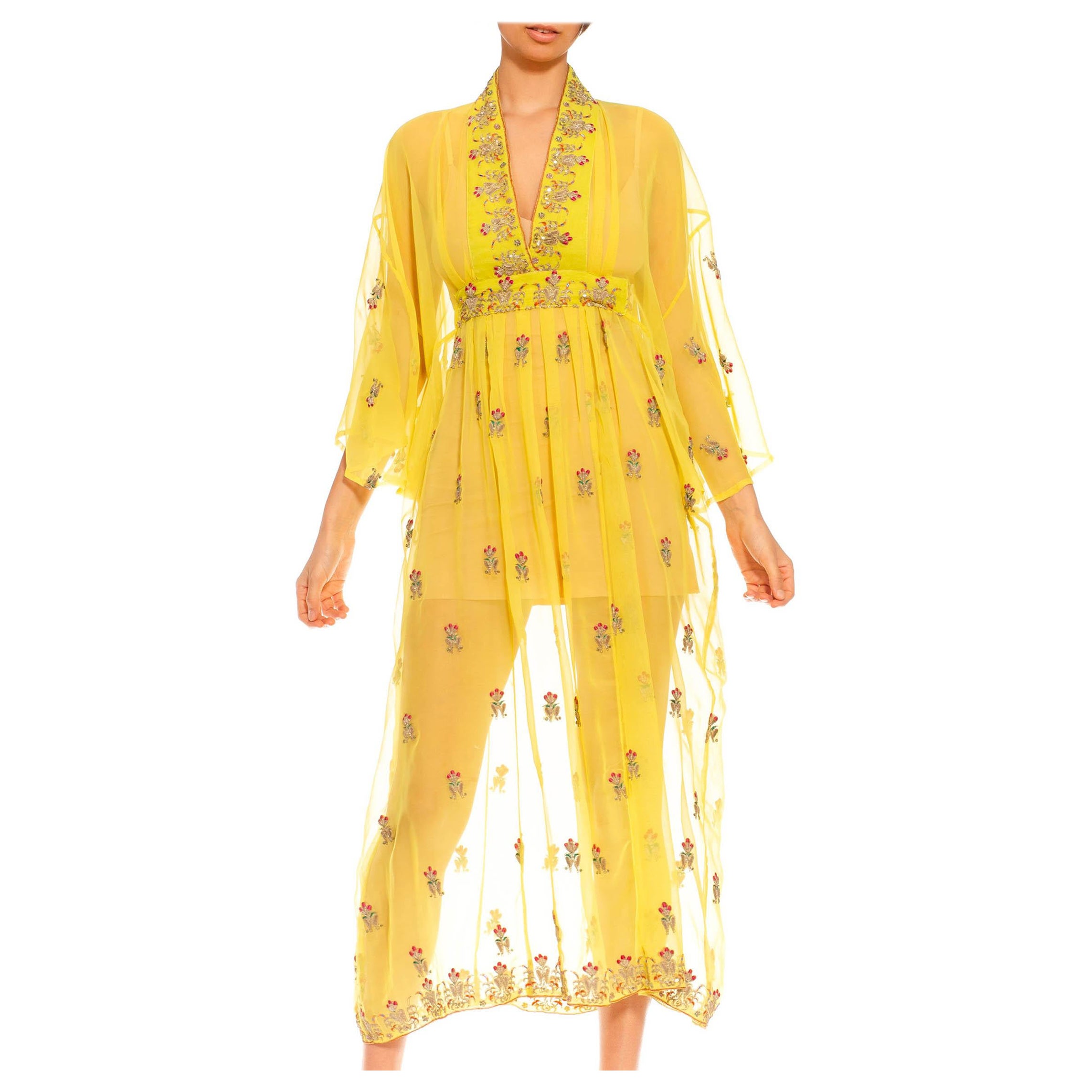 Morphew Collection Yellows & Gold Embroidered Silk Kaftan Made From Vintage Sar For Sale