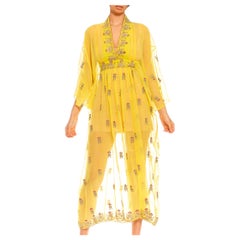 Morphew Collection Yellows & Gold Embroidered Silk Kaftan Made From Vintage Sar