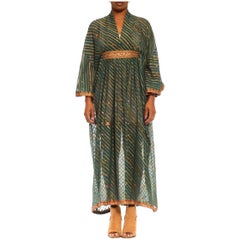 Morphew Collection Moss & Olive Green Silk Lamé Stripe Kaftan With Red Gold Tri