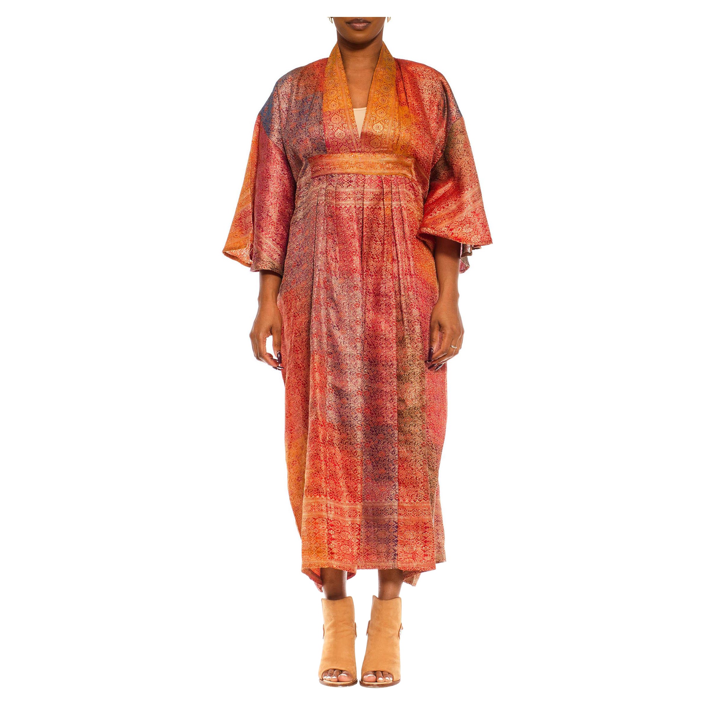 Morphew Collection Turmeric Orange and Gold Silk Beaded Kaftan Made From Vintage For Sale at 1stDibs