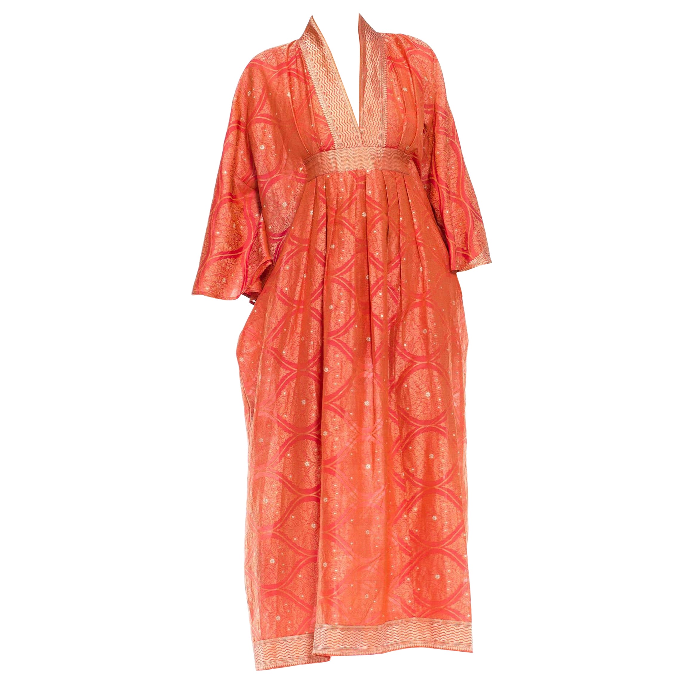 Morphew Collection Pink & Peach Metallic Gold Silk Geometric Kaftan Made From V For Sale