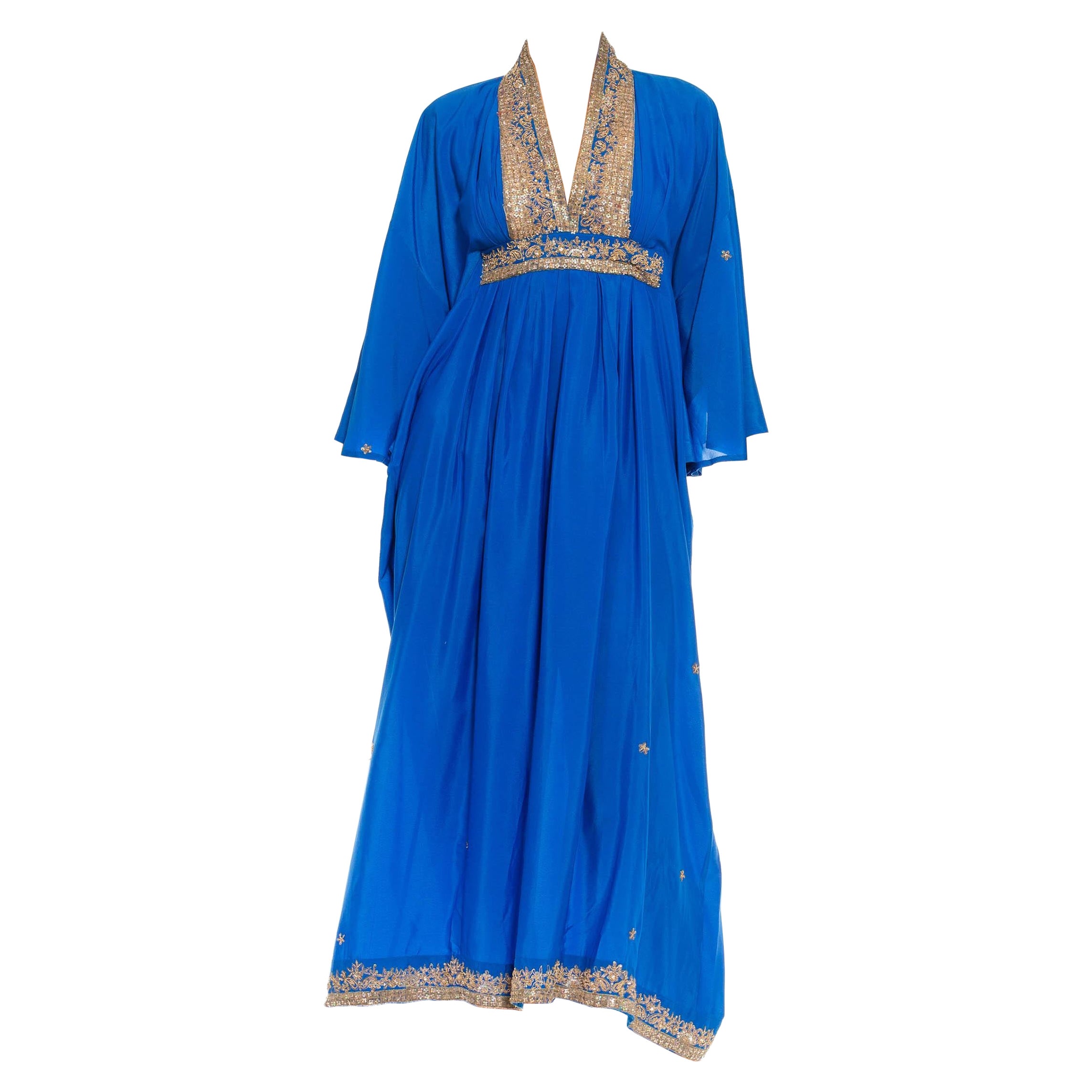 Morphew Collection Royal Blue Silk Kaftan With Sequined Silver Trimmings Made F