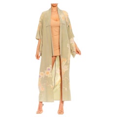 1930S Sage & Peach Floral Silk Crepe Kimono